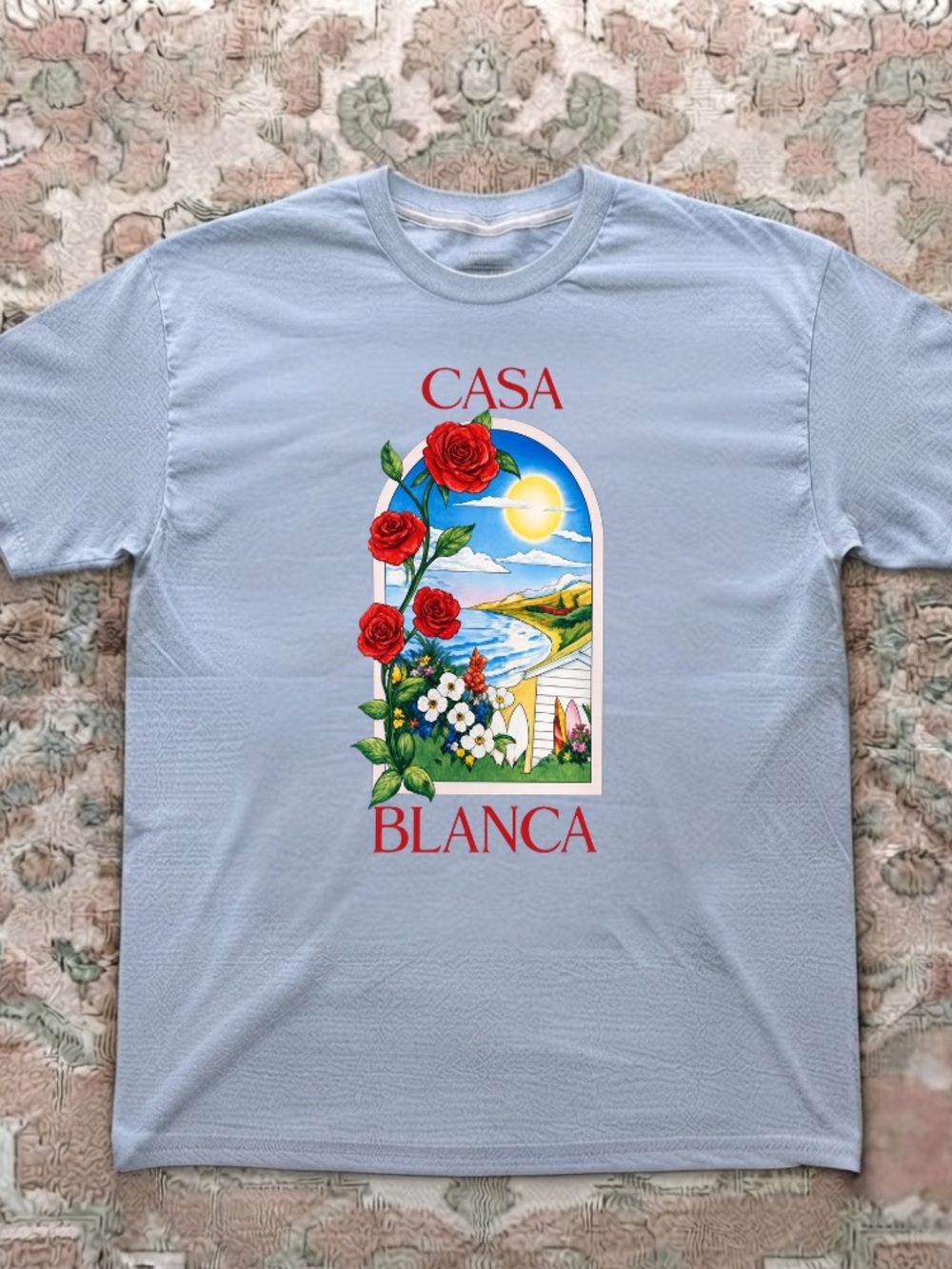 Casa Blanca Red Roses Coastal Landscape Sun Beach Vintage Light Blue T-Shirt